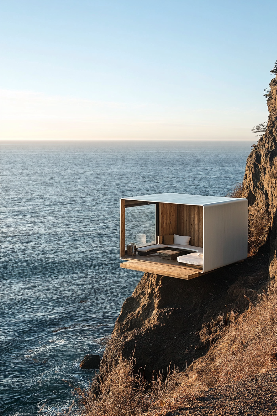 Wide angle view. Tiny home on clifftop, sleek platform, built-in seating, ocean backdrop.