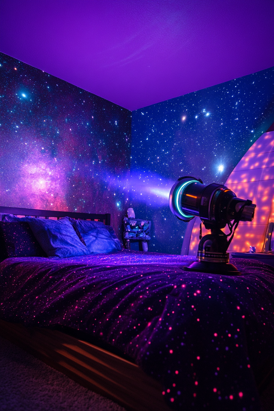 Wide-angle view of spaceship-themed bedroom. Rotating star projector, violet nebula bedspread.