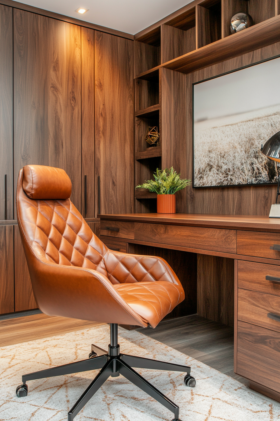 Wide angle view. Upgraded executive workspace with leather swivel chair and walnut desk.