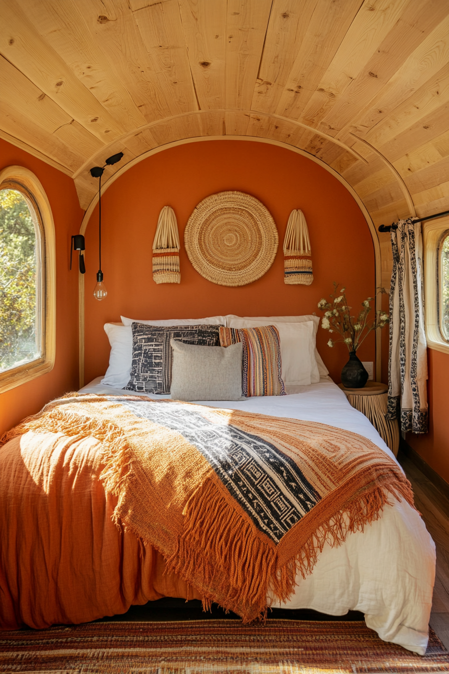 Wide angle view. Southwestern tiny house bedroom, terracotta color scheme, woven wall art.