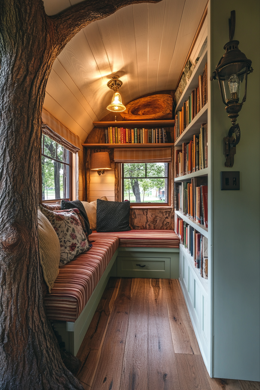 Wide angle view. Storybook-inspired mobile library with hidden hollow tree nook and antique lamp details.