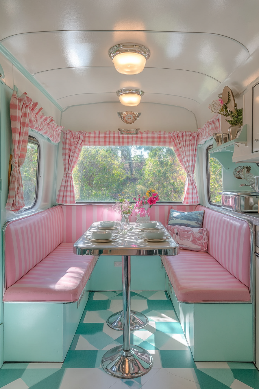 Classic Americana tiny house kitchen. Pastel linoleum, cream enamelware, checkered curtains, booth seating, chrome details.