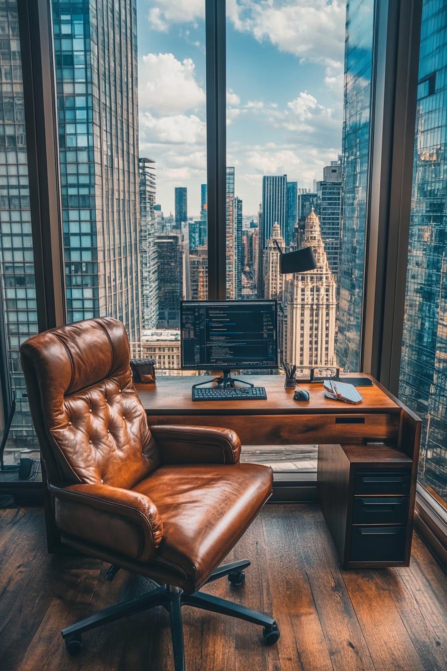 Wide angle view. Upscale mobile workspace, leather armchair, walnut desk, high-rise window background.