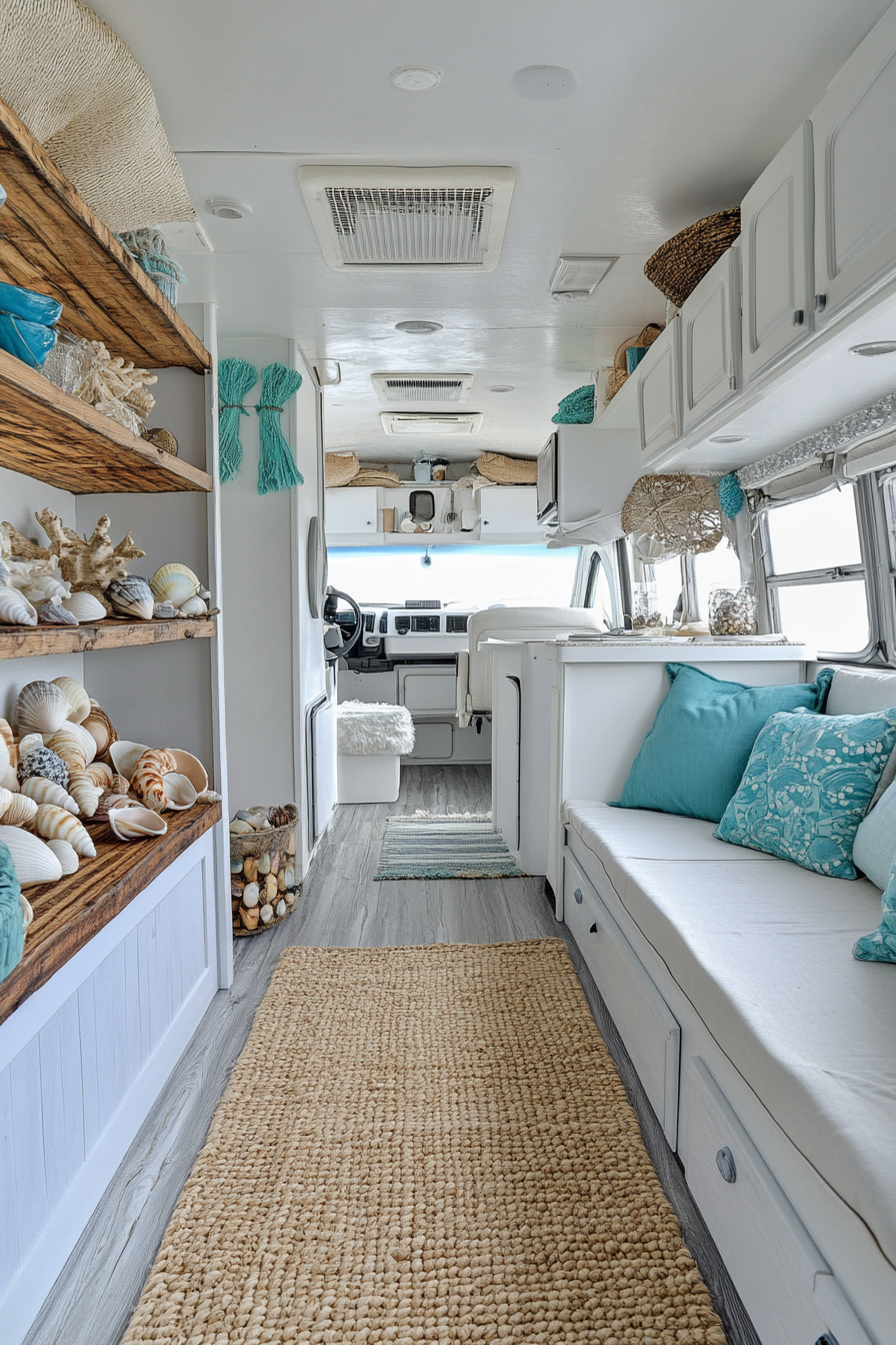 Wide angle view of coastal RV. Shell collections on driftwood shelves, turquoise accents, jute rug.