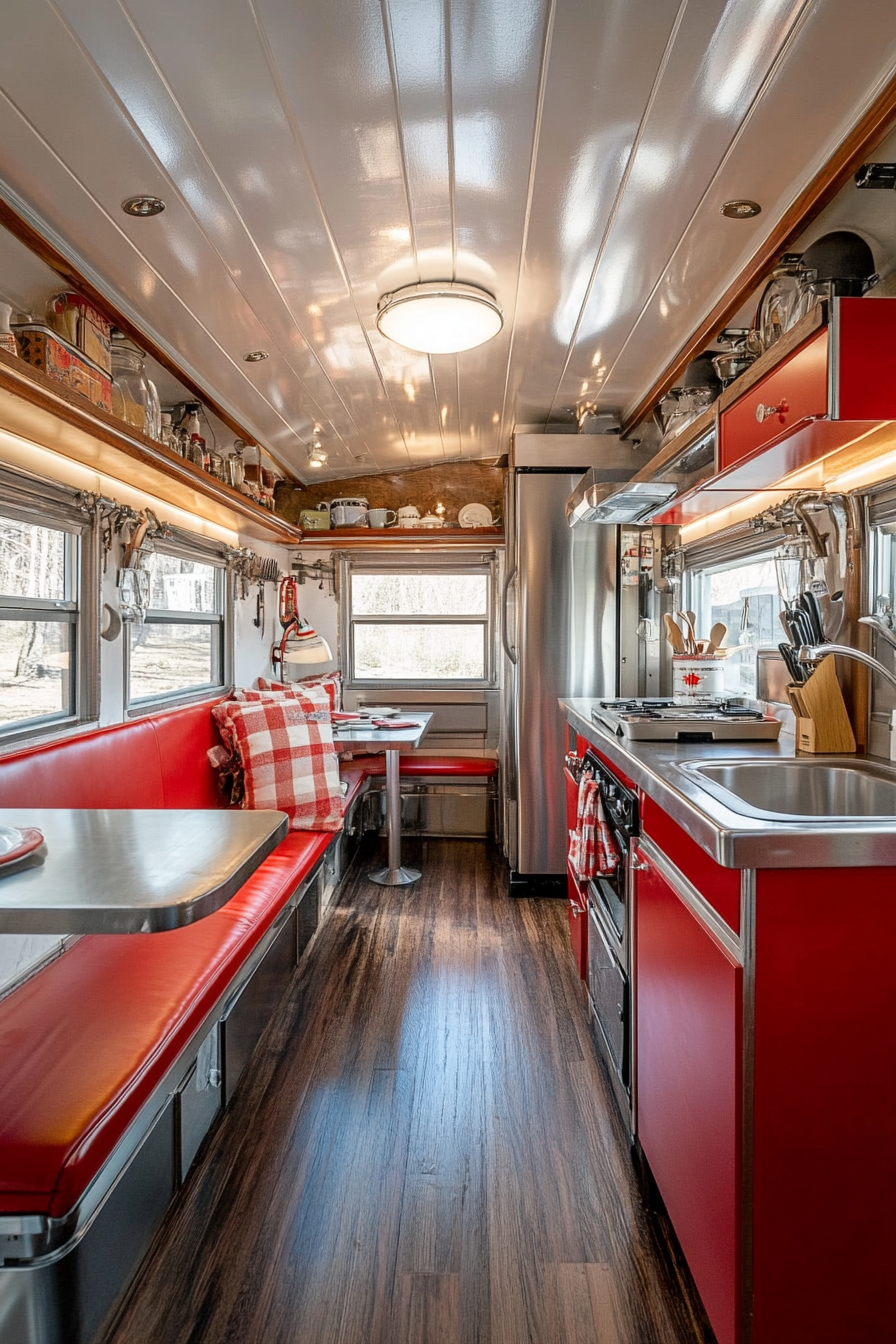 Wide angle view. Americana tiny house kitchen. chrome details, booth seating.