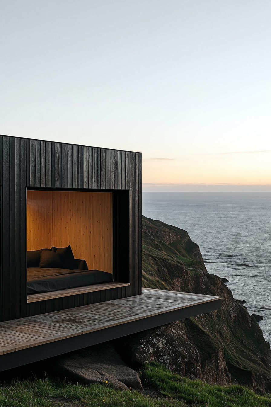 Wide angle view of clifftop tiny home. Sleek platform, built-in seating, overlooking expansive seascape.