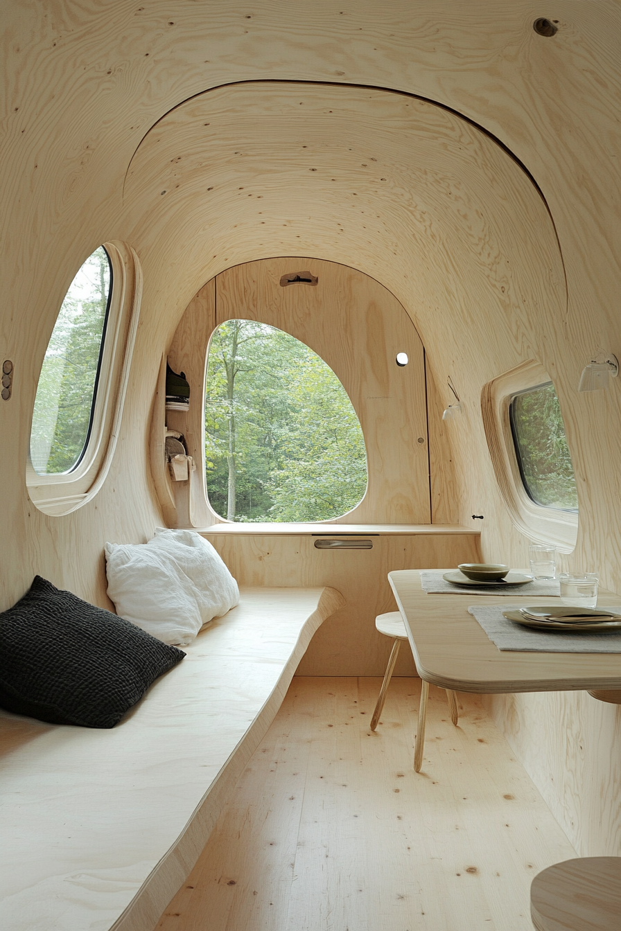 Natural mobile home. Light wood interiors with soft textured organic textiles, seen in wide-angle.