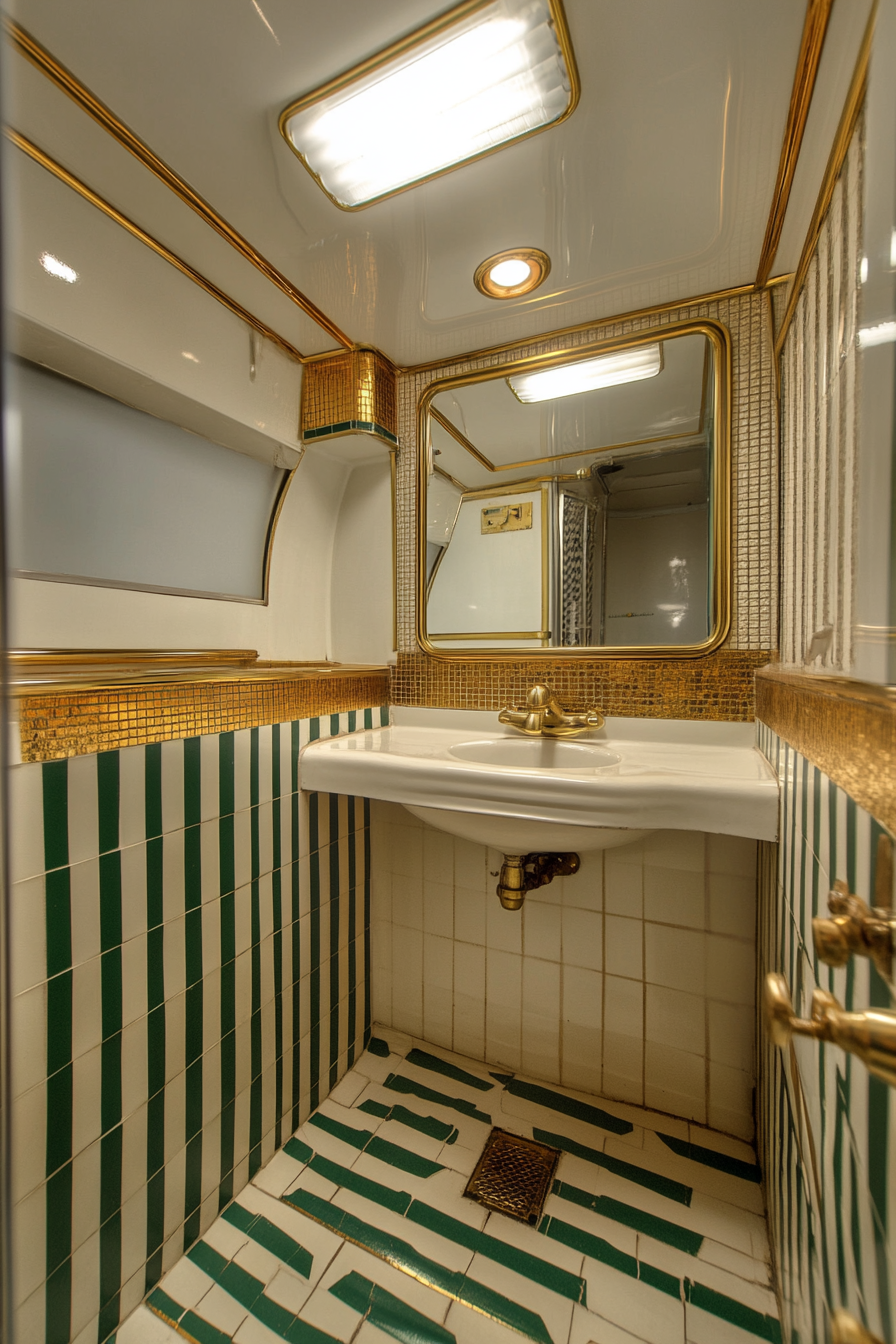 1950s RV bathroom. Striped vintage tiles, gold classic fixtures, wide angle view.