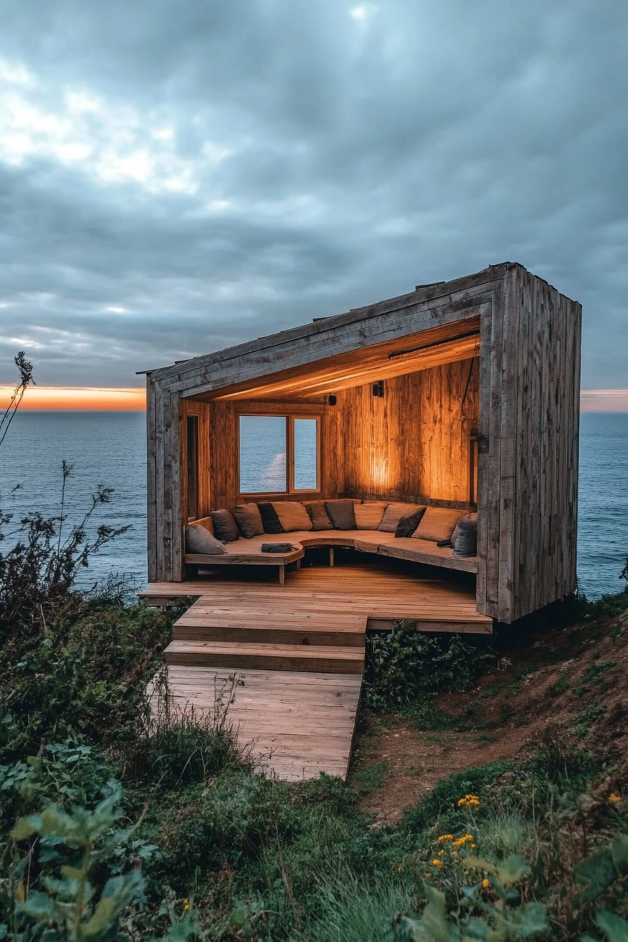 Wide angle view. Tiny home with built-in seating on clifftop, panoramic ocean view.