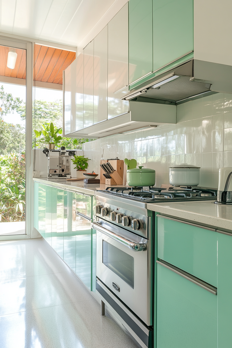 Wide angle view. Jade-green retro kitchen, sleek white cabinets, vintage oven.