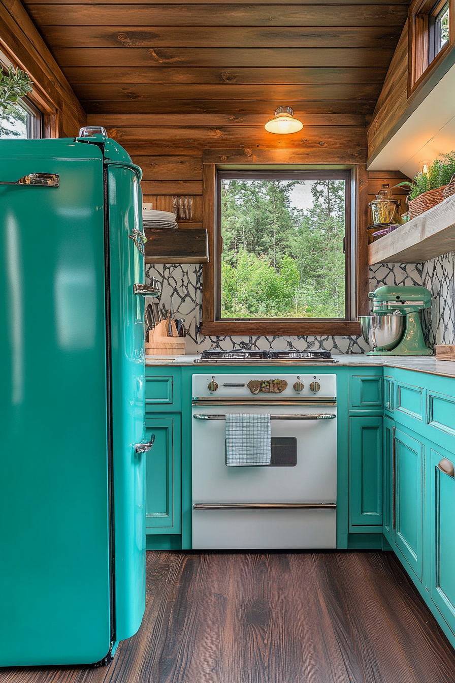 Wide angle view of tiny house kitchen. Retro cyan cabinets and vintage 1950's appliances.