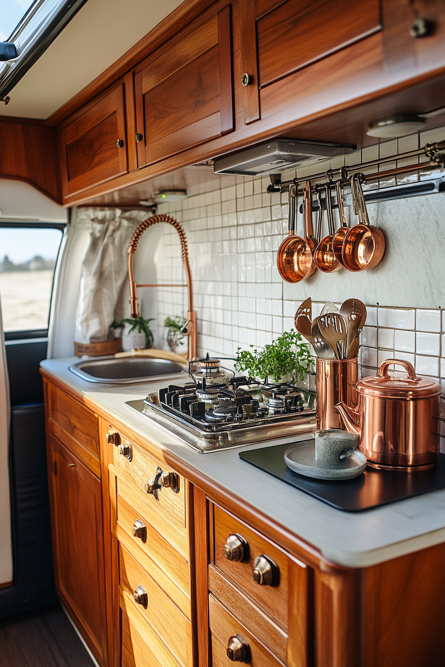 Wide angle view. Classic camper kitchen. Teak cabinets with copper retro-inspired knobs.