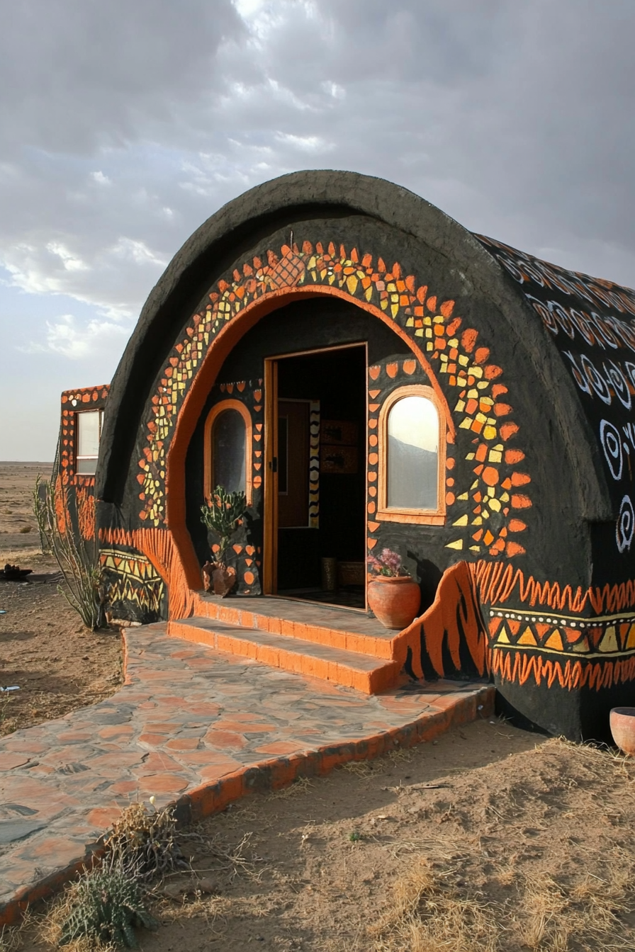 Wide angle view. Dark mobile home with arched entrance and Ndebele designed terra cotta accents.