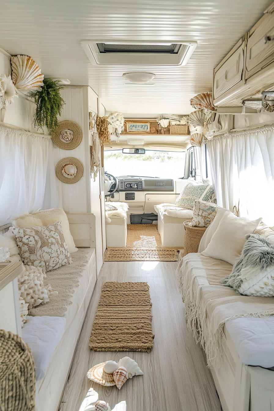 Wide-angle view. Coastal-inspired RV with seashell decorations.