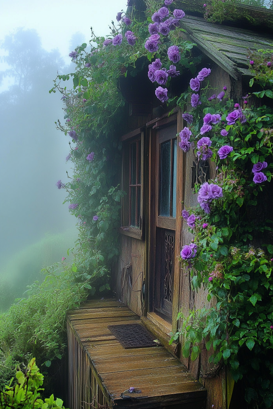 Wide angle view. Tiny house deck with purple climbing roses amidst foggy English countryside.