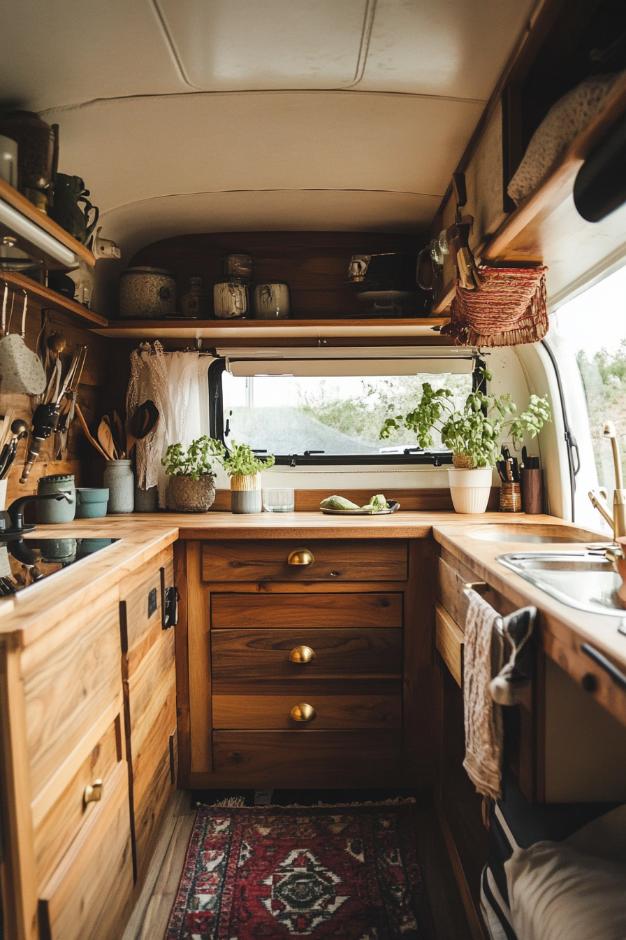 Wide angle view. Camper kitchen with teak cabinets and retro brass knobs.