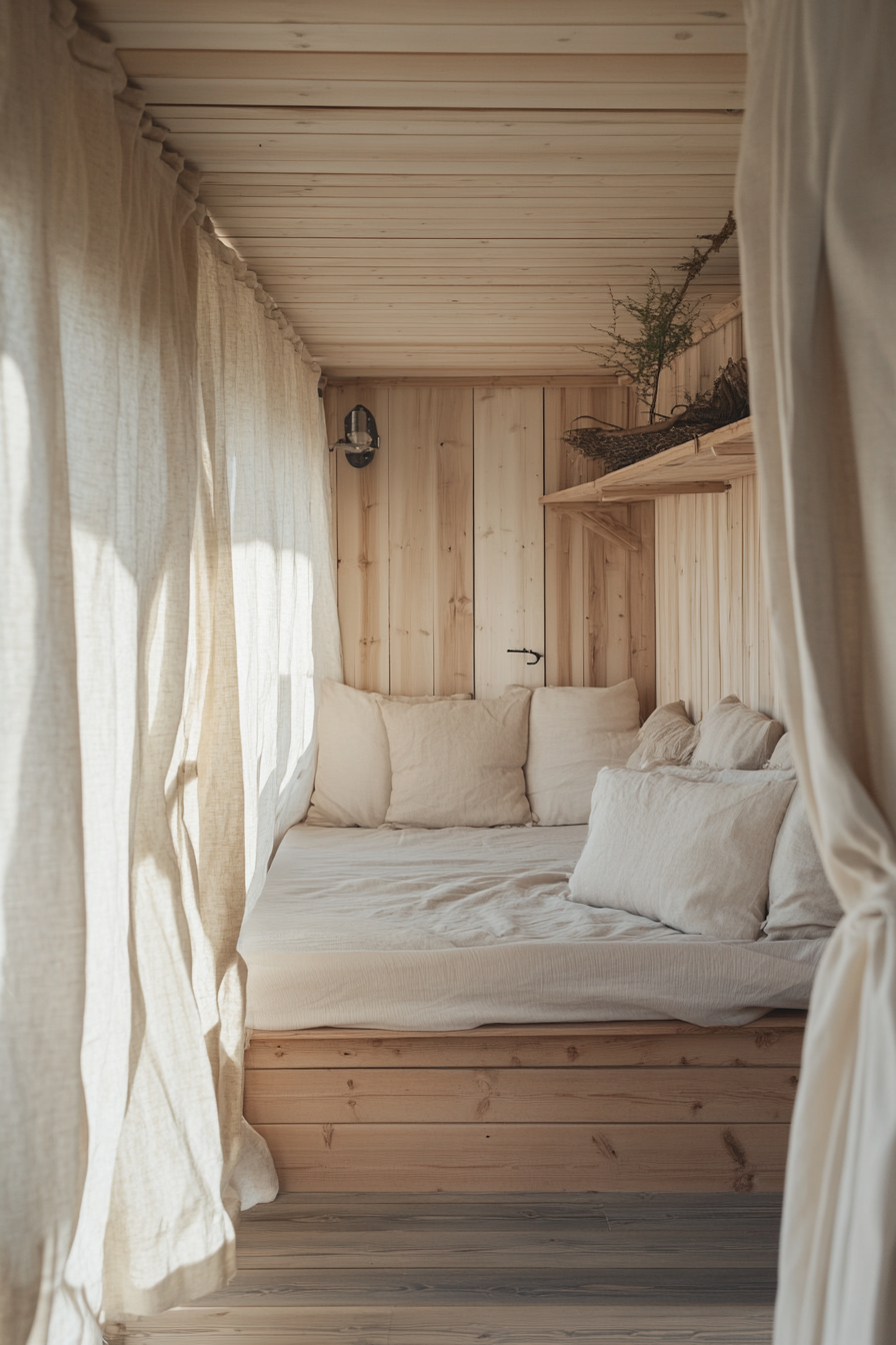 Wide angle view of natural mobile home. Birch wood furniture with cotton canvas curtains.