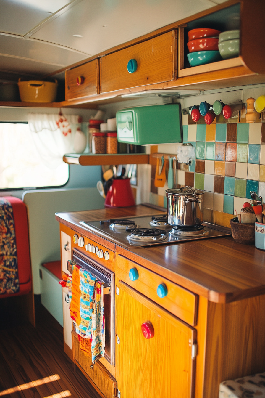 Wide angle view. Retro kitchen in camper with teak cabinets and colorful knob hardware.