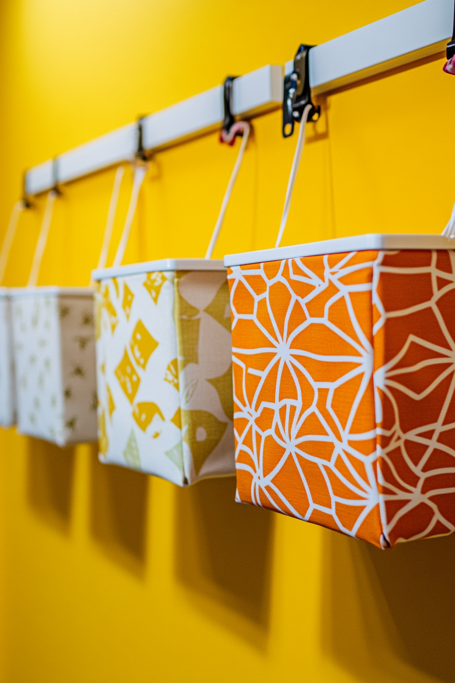 Wide angle view of mobile studio. Hanging geometric-patterned fabric storage bins on a vibrant yellow wall.