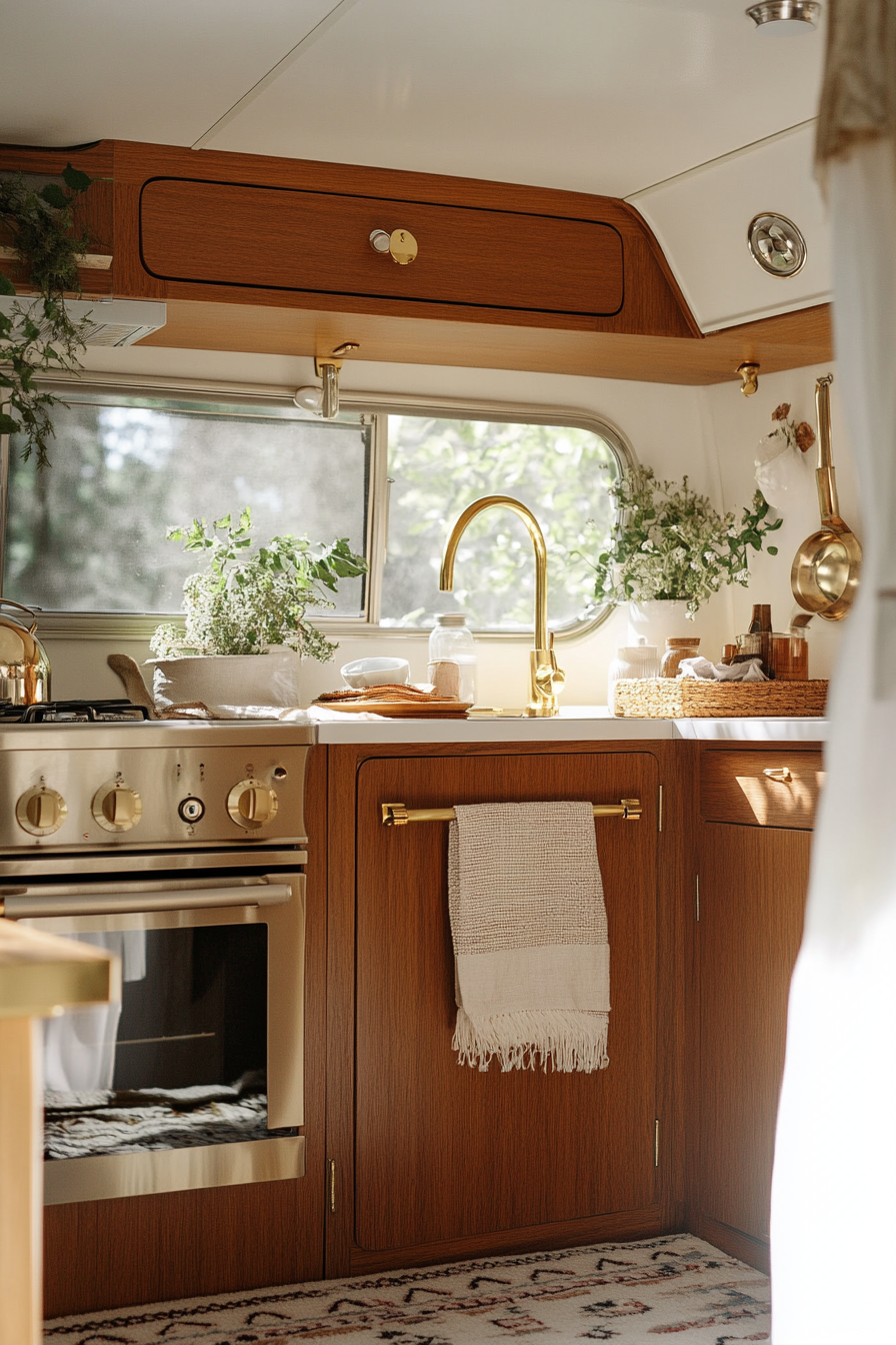 Wide angle classic camper kitchen. Teak cabinets with brass retro-inspired hardware.