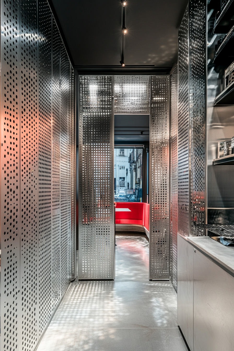 Wide angle view of mobile studio. Multicolored perforated metal tool wall with modular cube shelving.