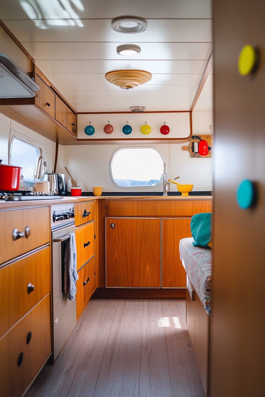 Wide angle camper kitchen view. Teak cabinets and vibrant retro knobs.