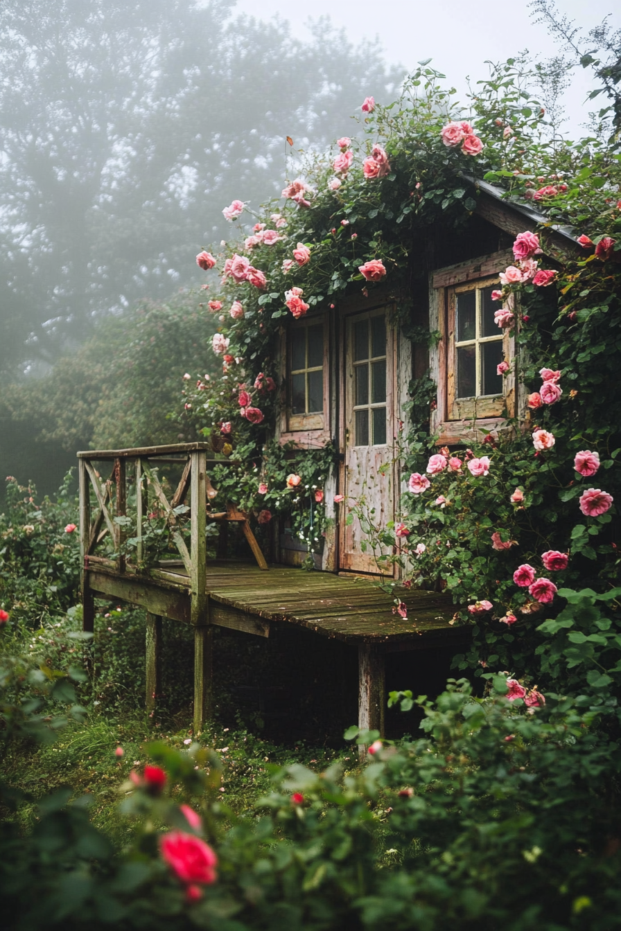 Wide-angle view. Deck of a tiny house covered in climbing roses, in foggy English countryside.