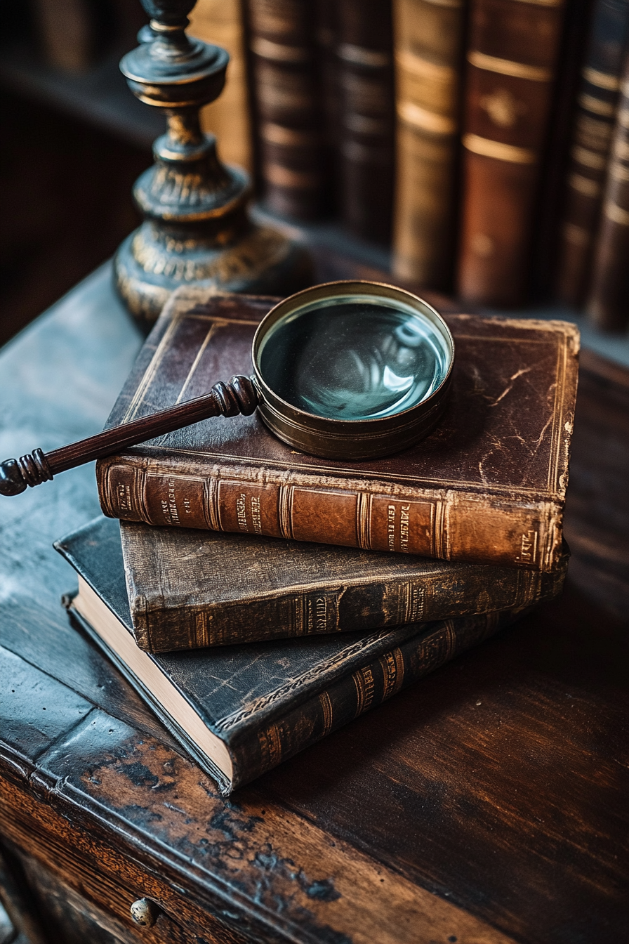 Wide angle view. Dark academia tiny house library. Vintage leather-bound books and antique magnifying glass.