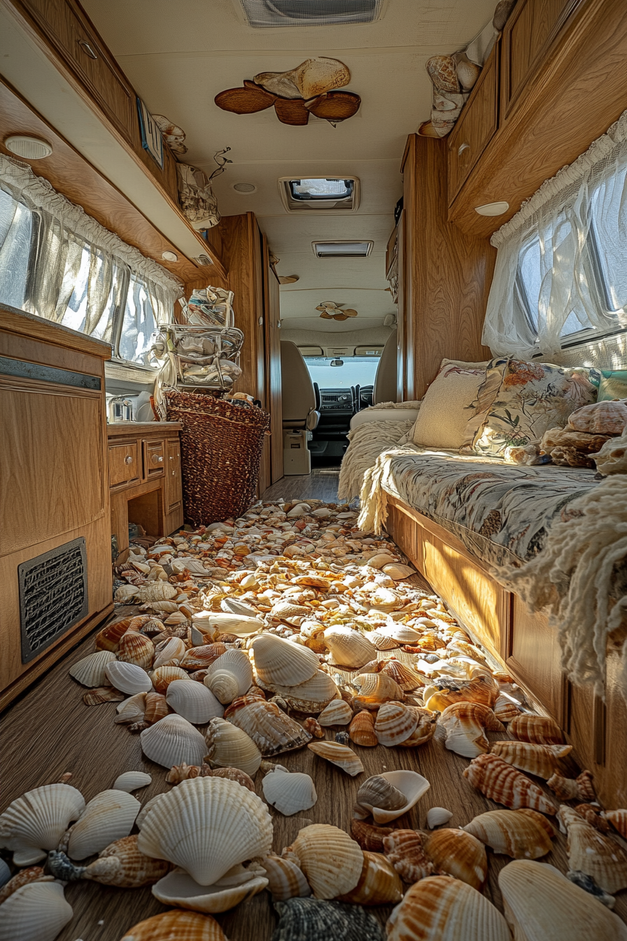 Wide angle view of an RV. Ocean palette, natural fibers, and assorted shells.