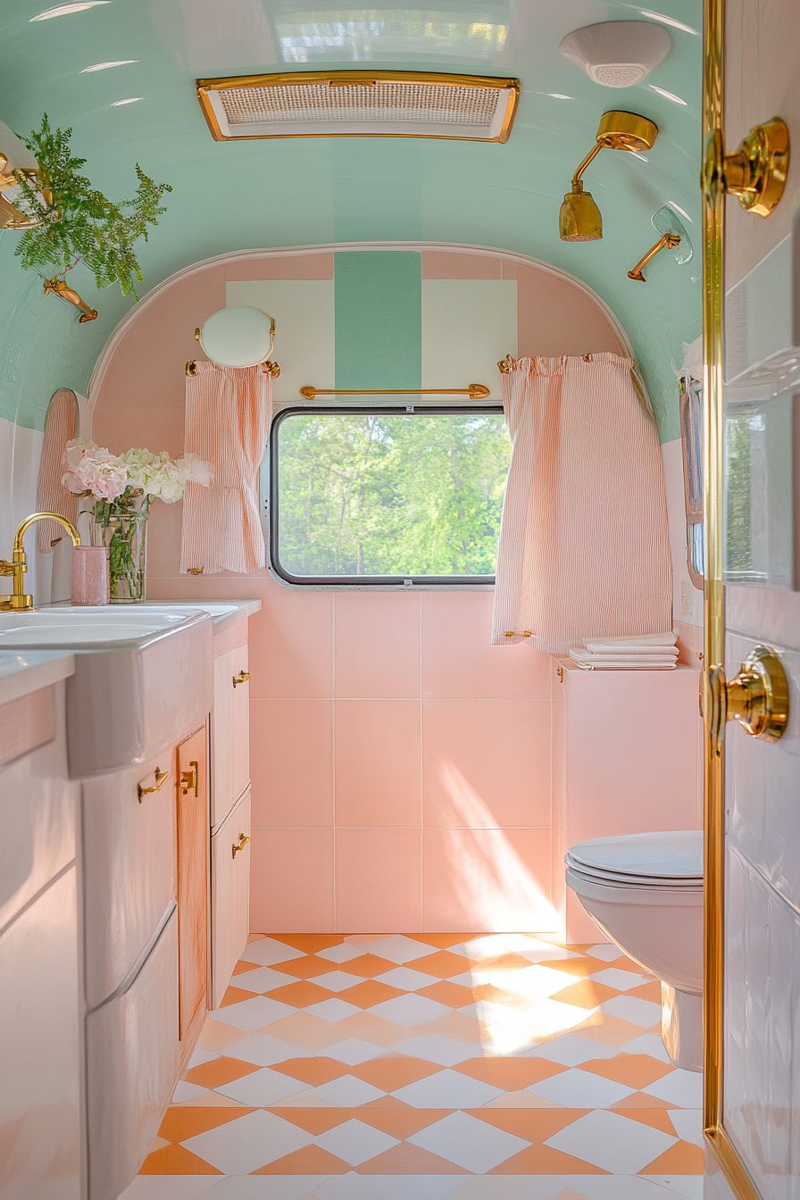 Wide angle view. Pastel RV bathroom with checkerboard floor and brass fixtures.