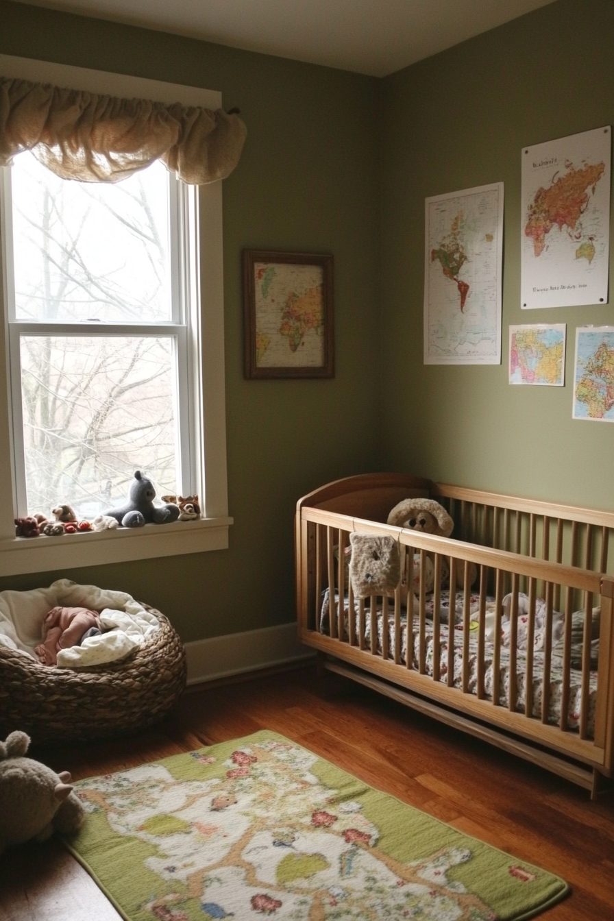 Nature-inspired baby room. Olive wall, bay windows, driftwood low shelf, map posters, play mat zone.