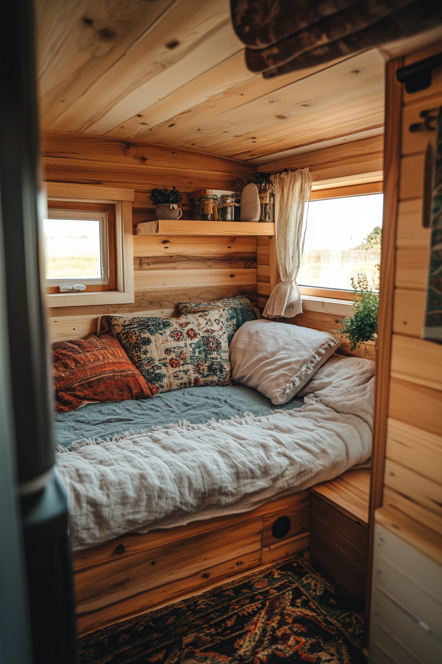 Natural tiny house bedroom. Wide angle. Wooden furniture, organic bedding, minimalist design.