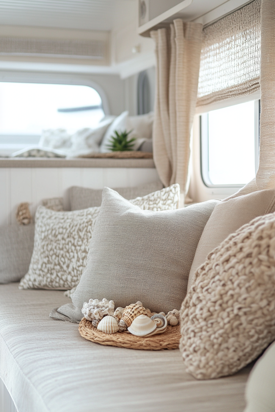 Coastal-inspired RV. natural fibers complimenting an ochre walkaway ocean curtains with a seashell trinket display.