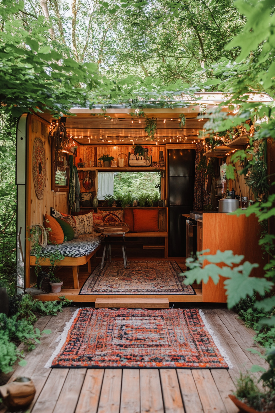 Wide angle view of mobile home. Light wood, organic textiles, and surrounded by vibrant greenery.