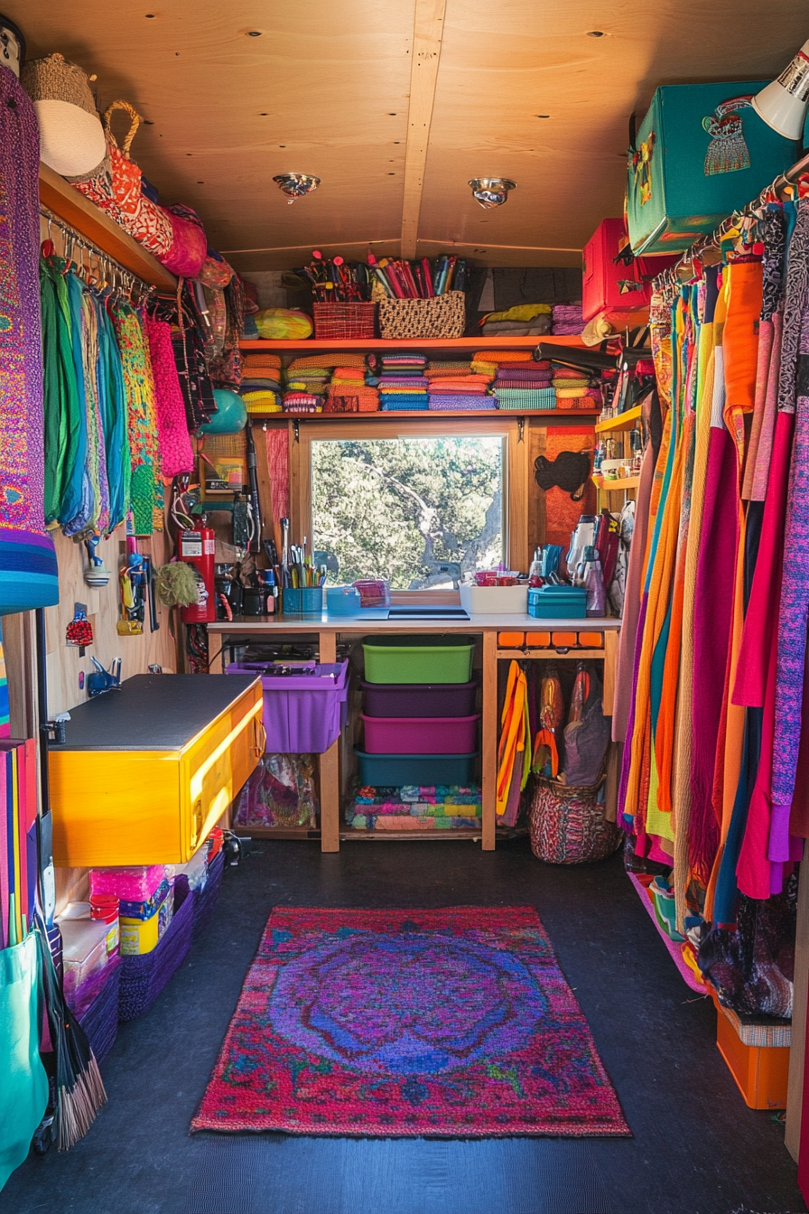 Wide angle view of mobile studio. Hanging vibrant fabric storage and rainbow shelf display.