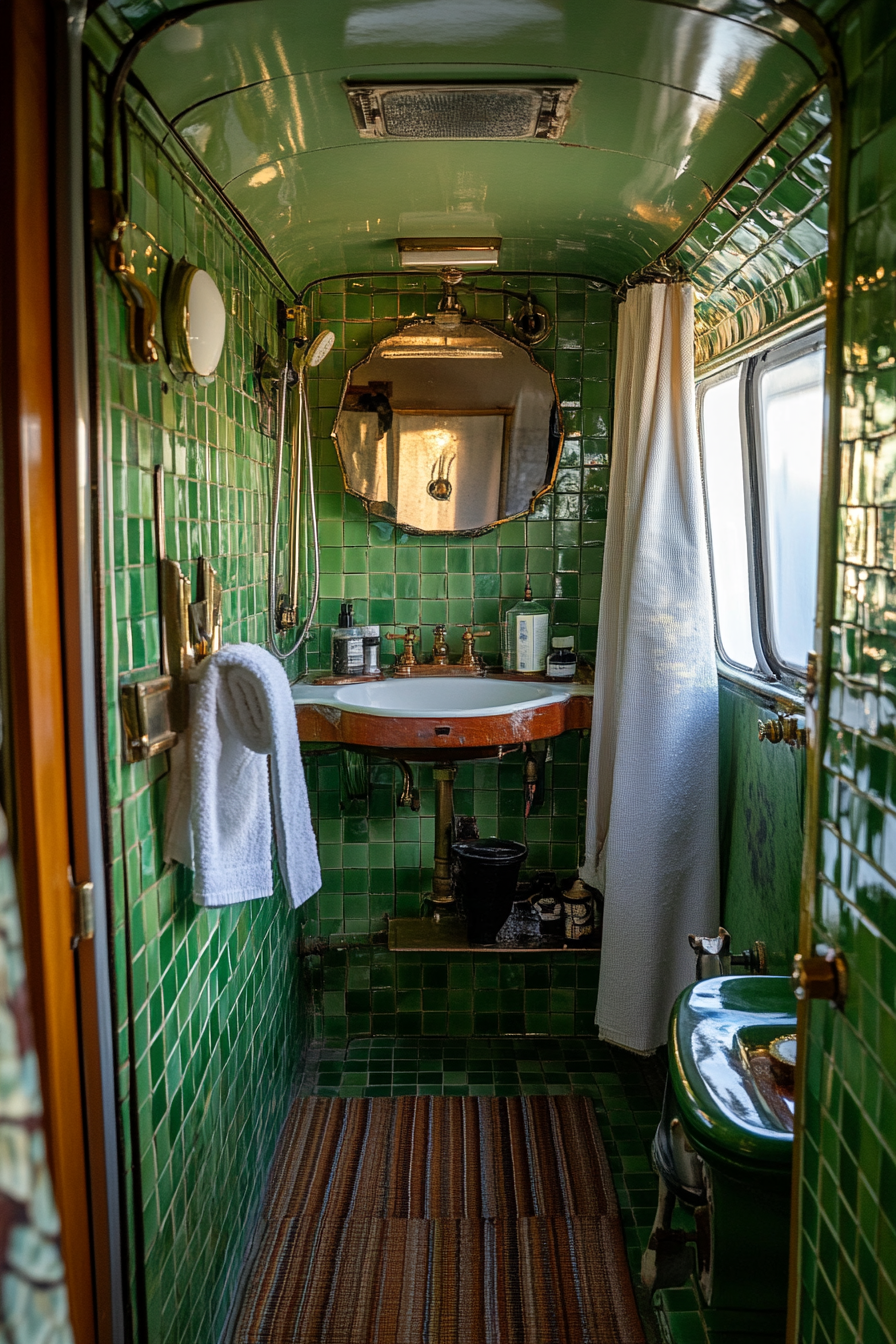 Wide-angle view of a 1950s RV bathroom. Green vintage tile patterns and brass fixtures.