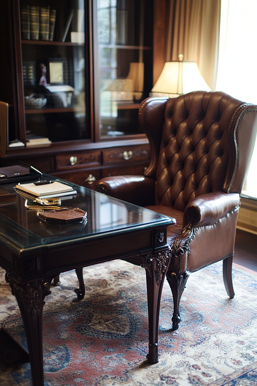 Professional mobile workspace. Glass topped desk, leather wingback chair in rich mahogany setting.