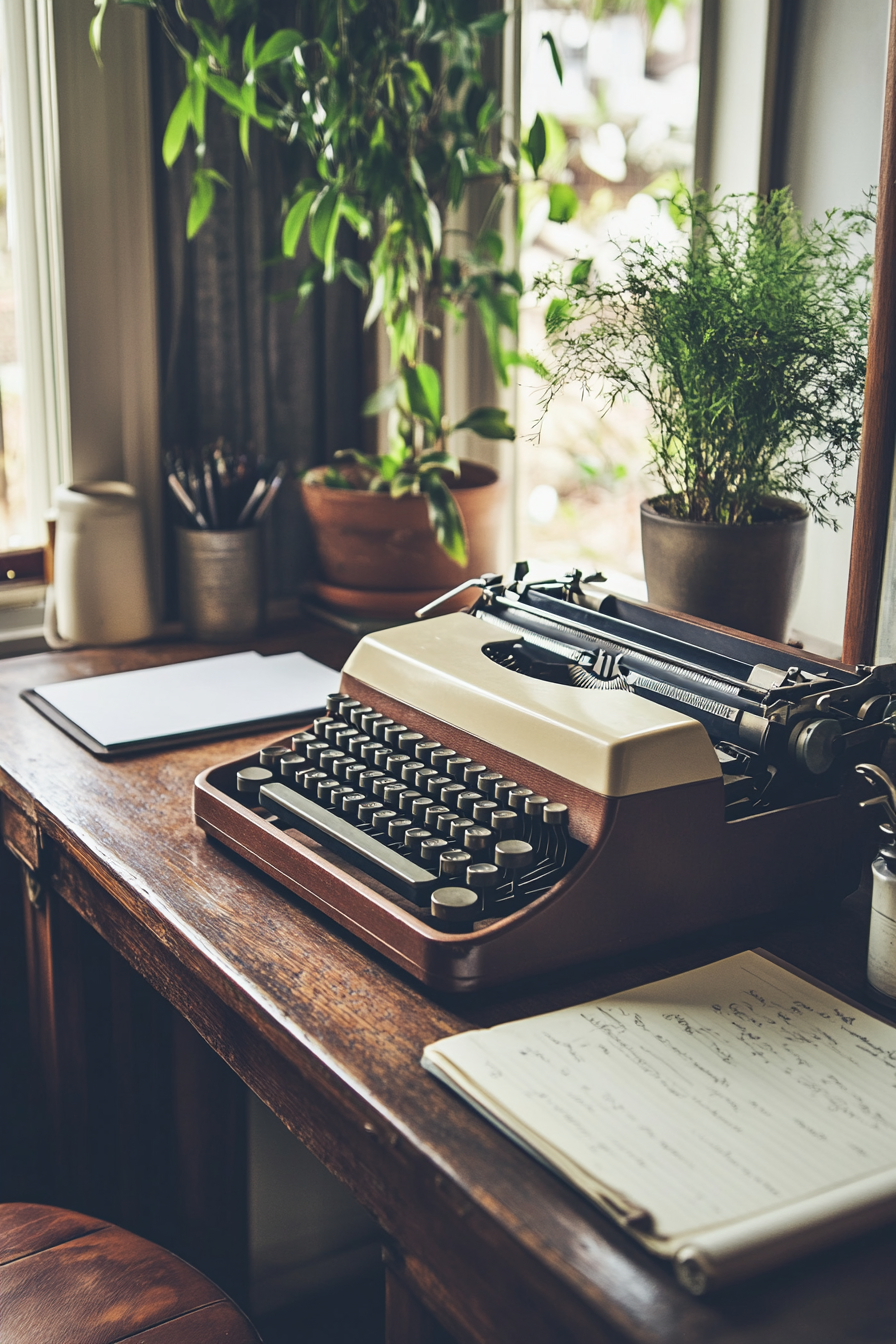 Professional mobile workspace. Wide angle of mahogany desk with mid-century typewriter.