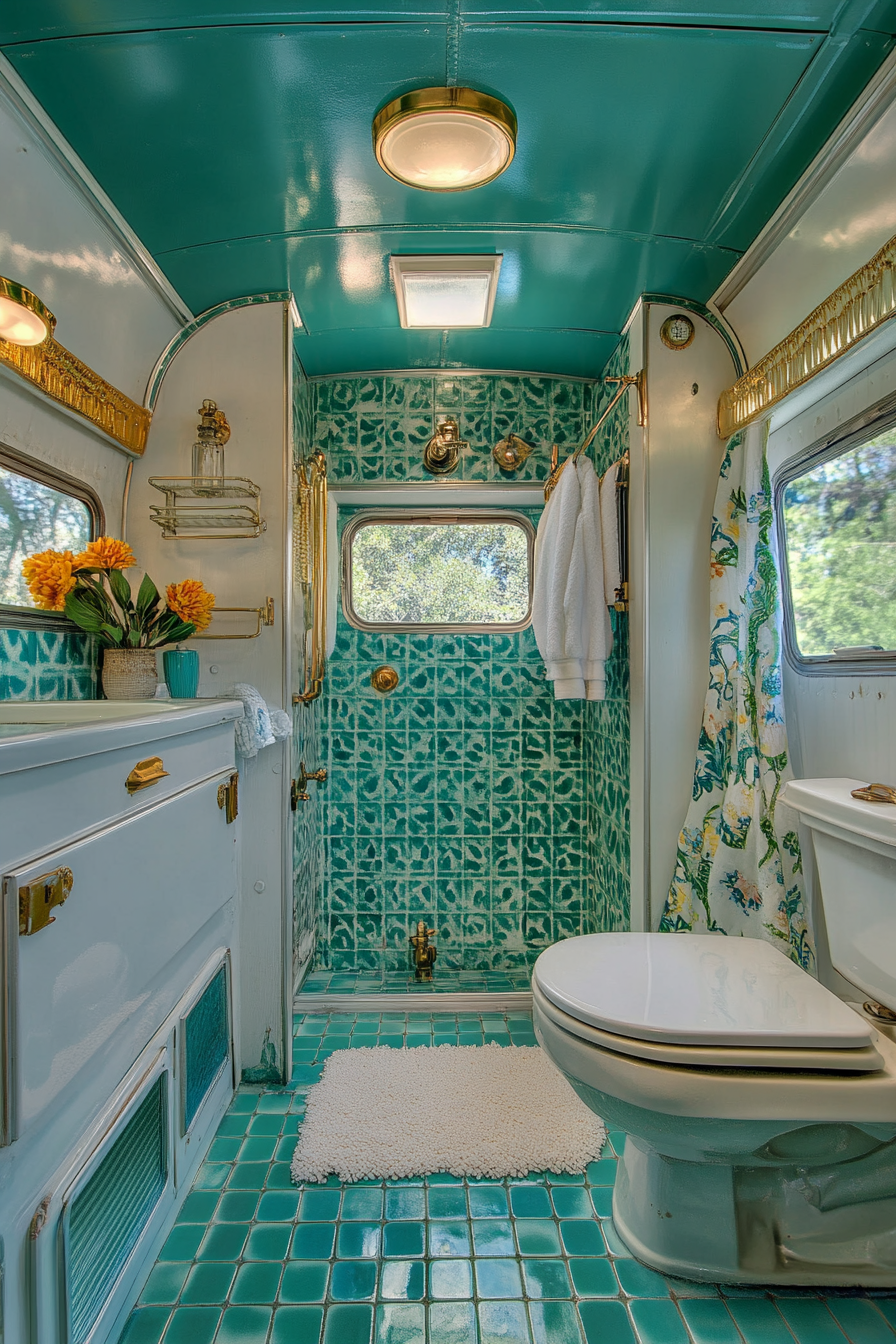 Wide angle view. 1950's inspired RV bathroom. Turquoise vintage stenciled tiles and antique brass fixtures.