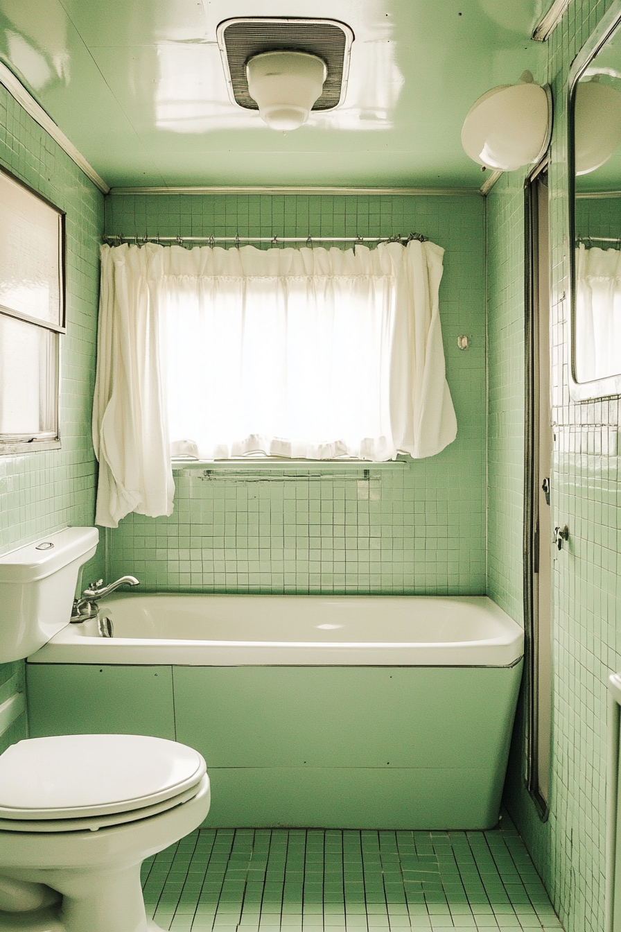 1950s inspired RV bathroom. Green, vintage tiles and white, classic fixtures.