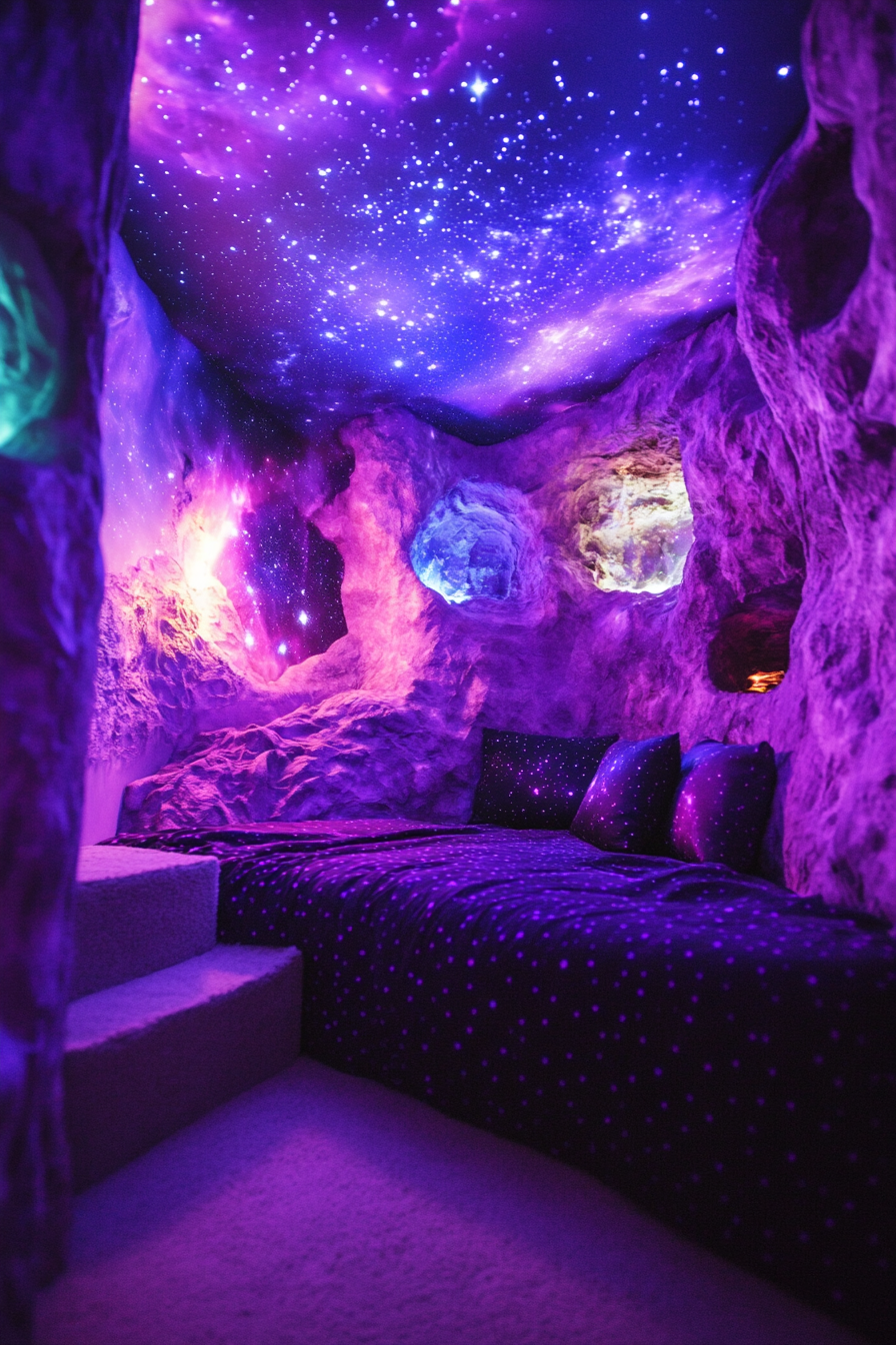 Space-themed sleeping quarters. Purple nebula colors on a wall with star projections.