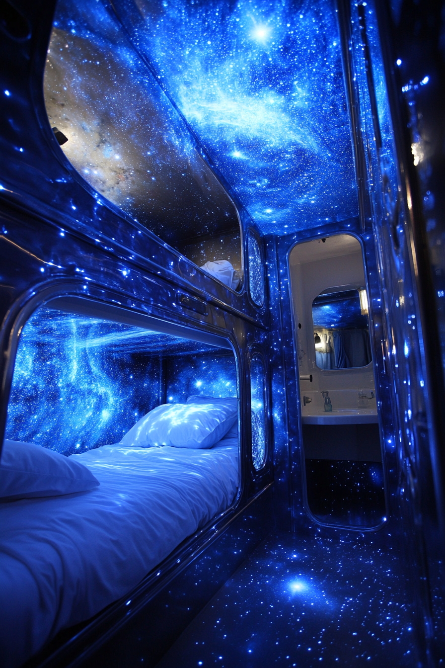 Wide-angle view. Space-themed sleeping quarters, star projections, and dubhe blue nebula tones.