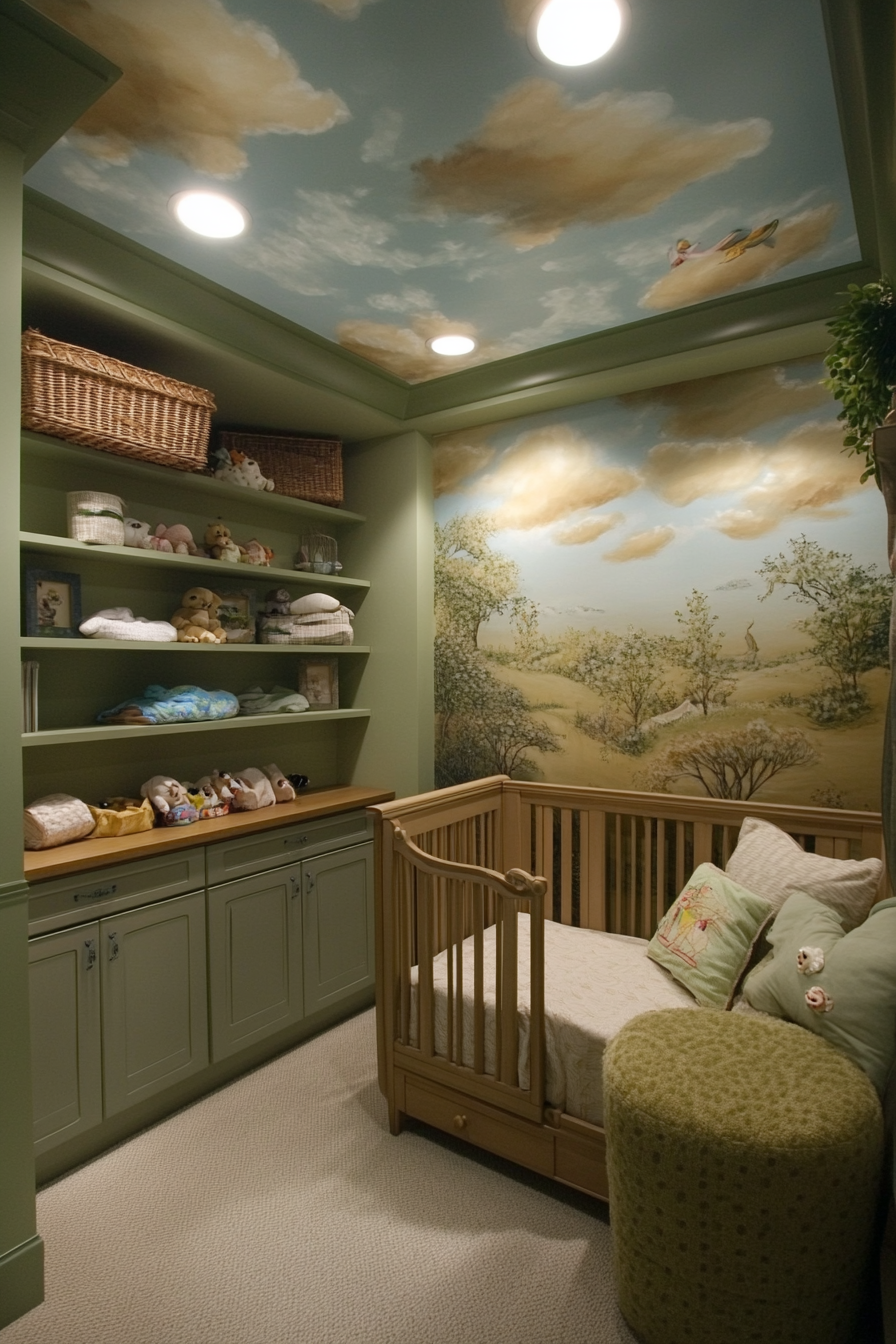 Nature-inspired baby room. Sage green walls, ceiling painted like a sky, low wooden shelves.