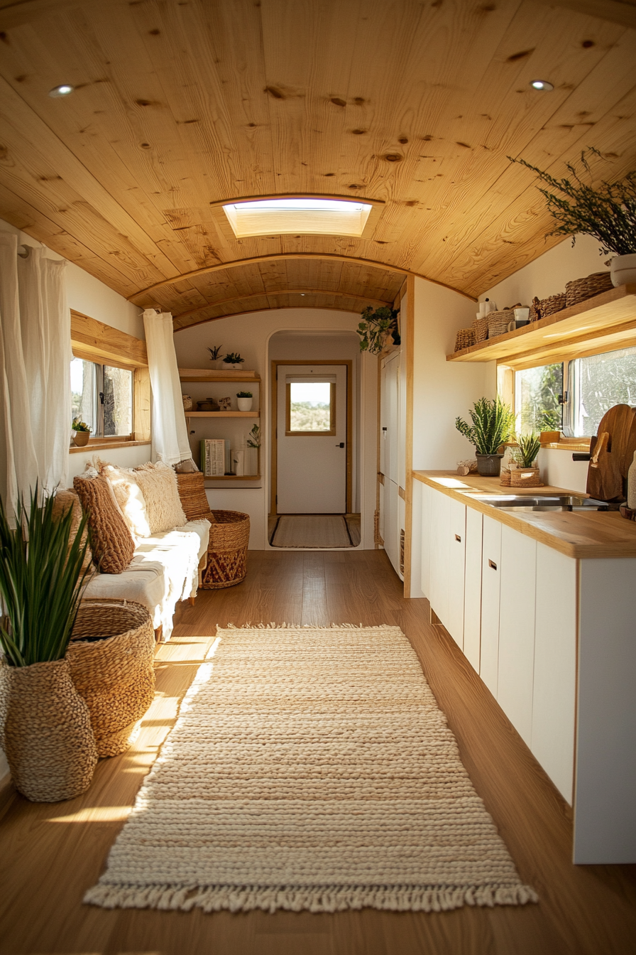 Wide angle view. Light cedar mobile home and woven cream rug.