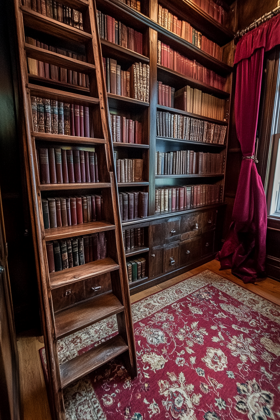 Wide angle view of dark academia tiny house library. Antique wooden ladder and maroon leather-bound books.