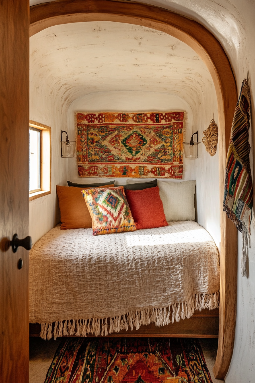 Wide angle bedroom. Southwestern tiny house, warm earth tones and wall-mounted woven art.