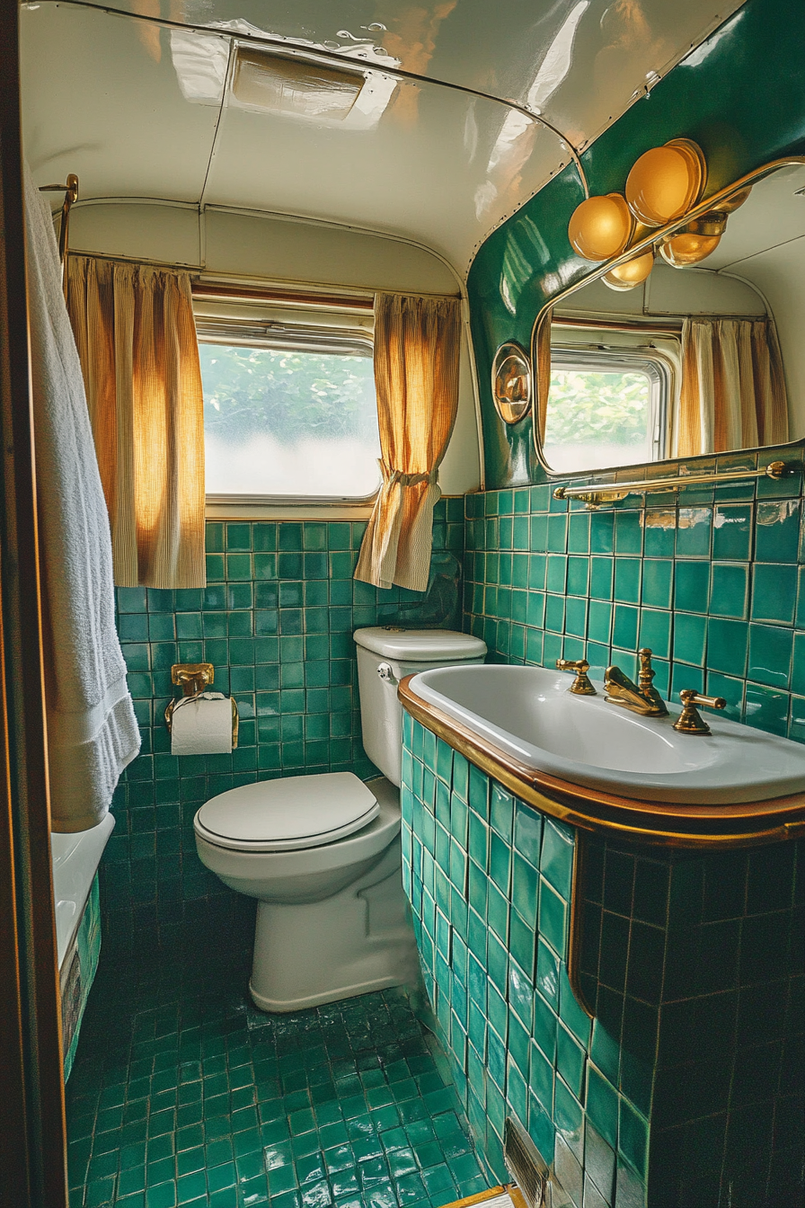 Wide angle view. 1950s RV bathroom. Green vintage tile pattern, classic gold fixtures.