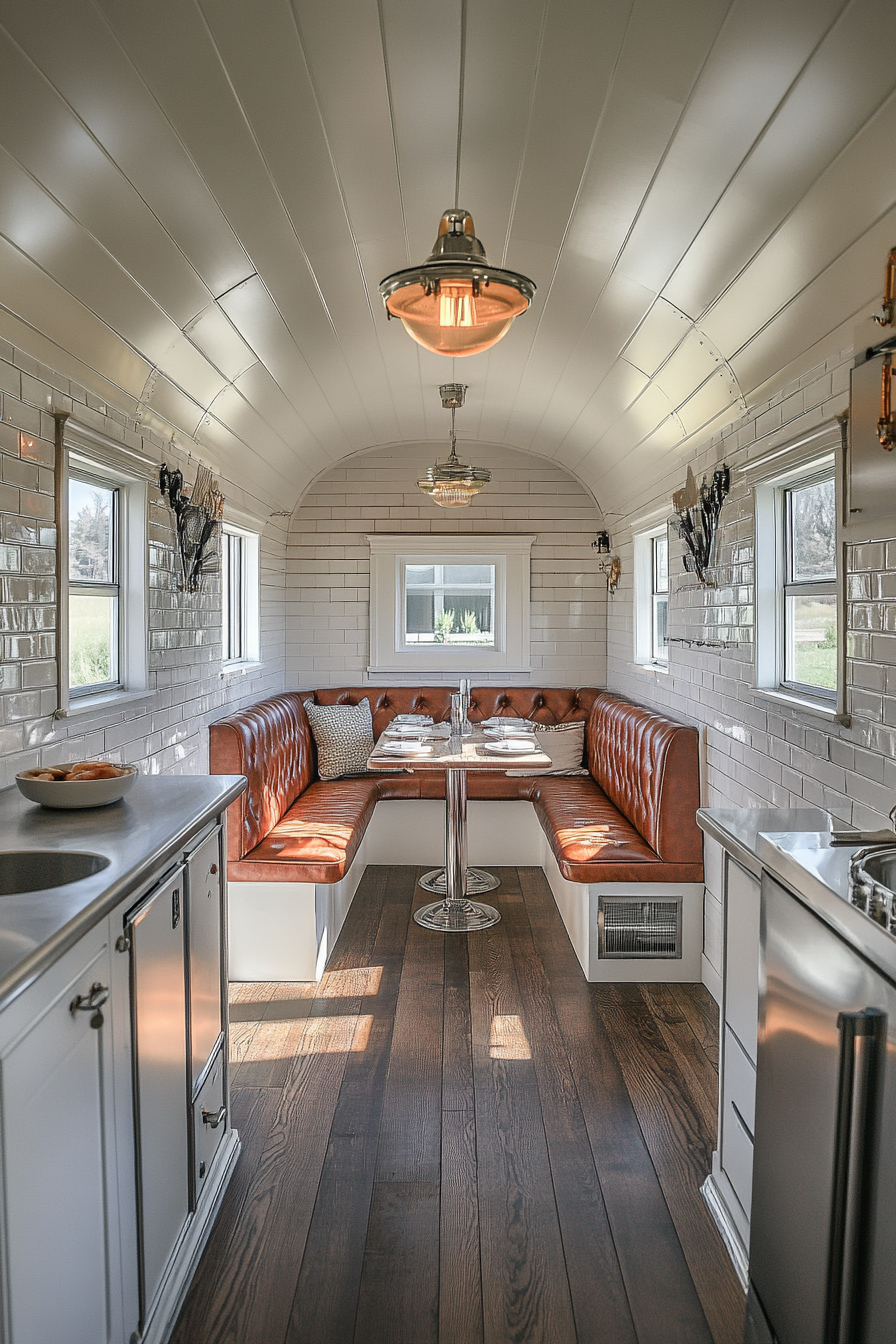 Wide angle view. Classic Americana tiny house kitchen. Chrome details and booth seating.