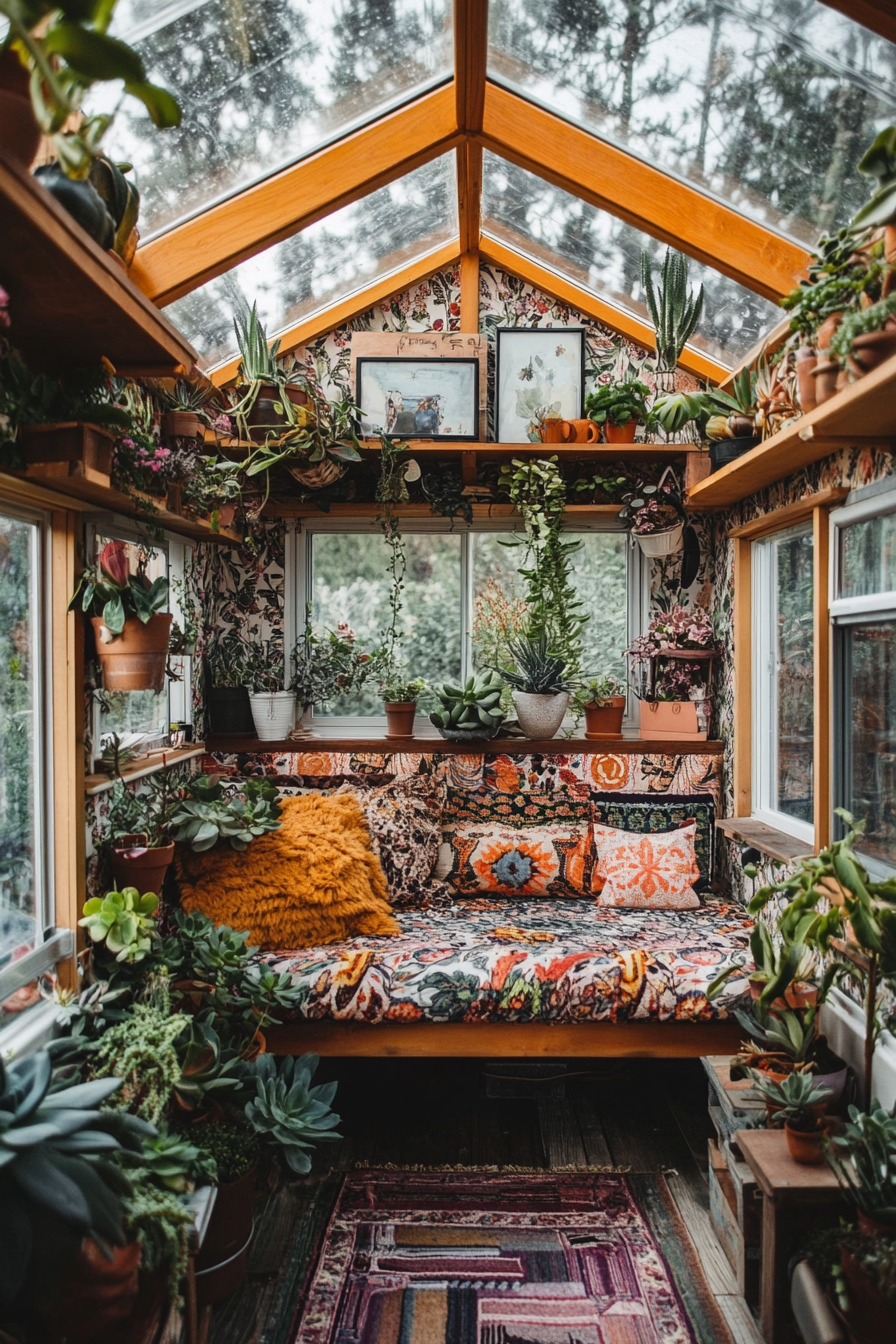 Wide angle view. Tiny house filled with succulents, botanical wallpaper, greenhouse windows.