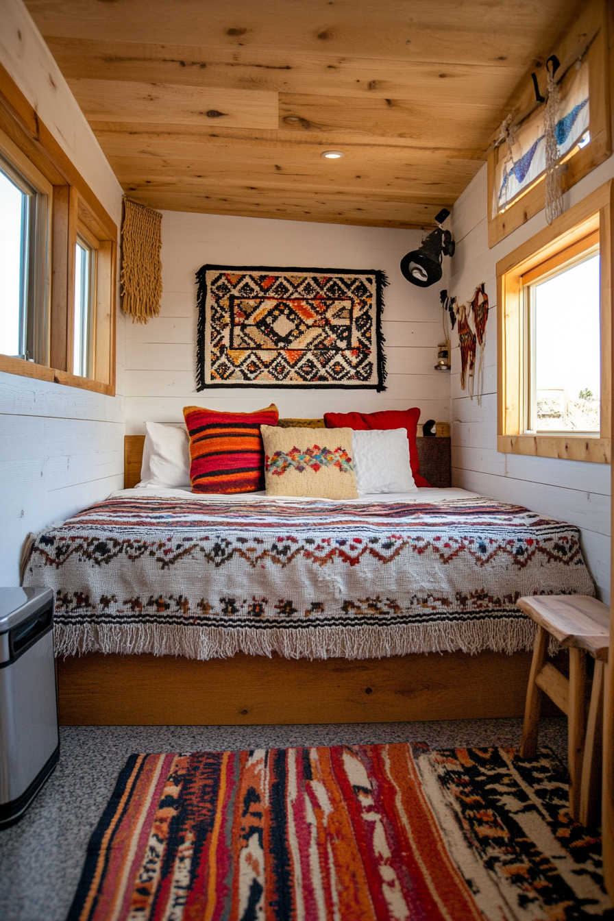 Wide-angle view of southwestern tiny house bedroom. Features granite floor, woven wall art.